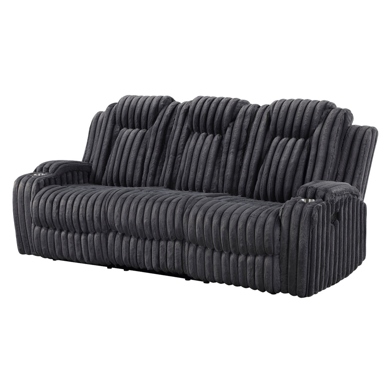 Phil Reclining Sofa with Tab Pull- Cup Holders- Dark Gray Corduroy