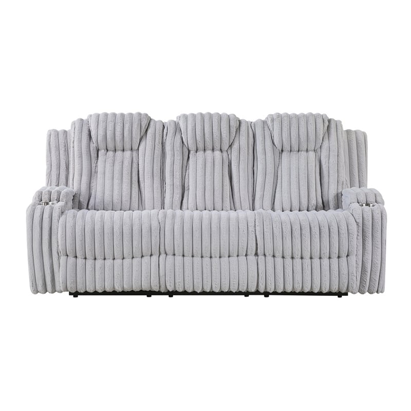 Phil Reclining Sofa with Tab Pull- Cup Holders- Light Gray Corduroy