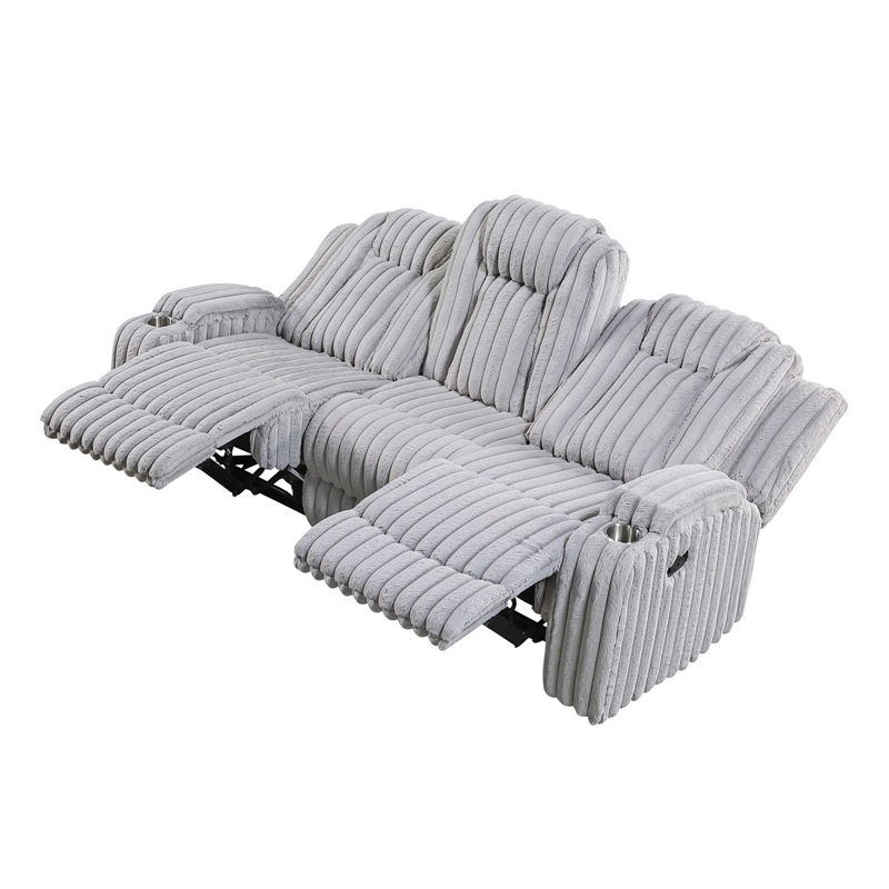 Phil Reclining Sofa with Tab Pull- Cup Holders- Light Gray Corduroy