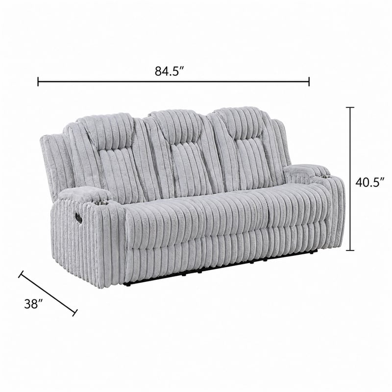 Phil Reclining Sofa with Tab Pull- Cup Holders- Light Gray Corduroy