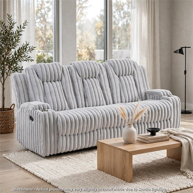 Phil Reclining Sofa with Tab Pull- Cup Holders- Light Gray Corduroy
