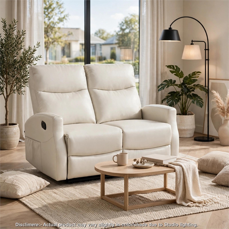 Henly Double Reclining Loveseat- Magazine Pockets- Beige Faux Leather