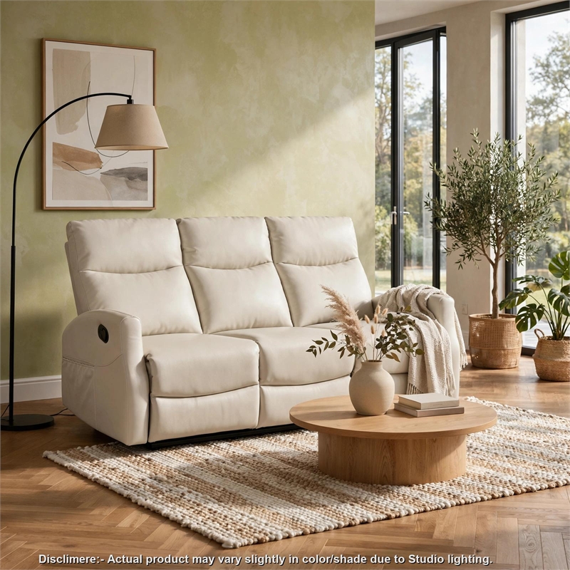 Henly Double Reclining Sofa with Magazine Pockets- Beige Faux Leather
