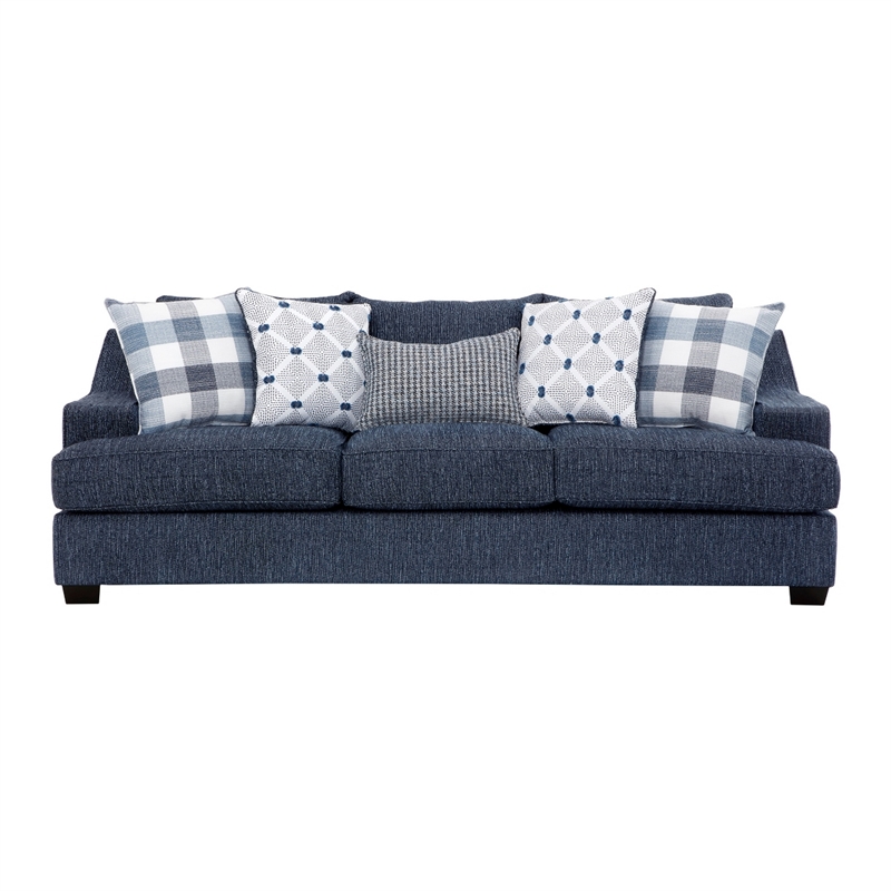 Marie Sofa with Reversible Cushions- Plaid Pillows- Blue Chenille