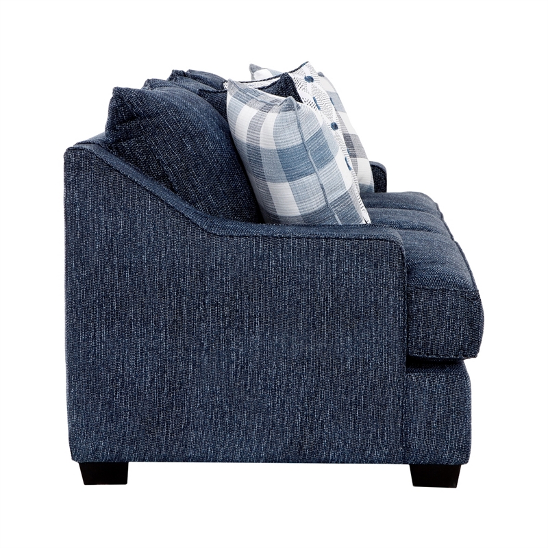 Marie Sofa with Reversible Cushions- Plaid Pillows- Blue Chenille