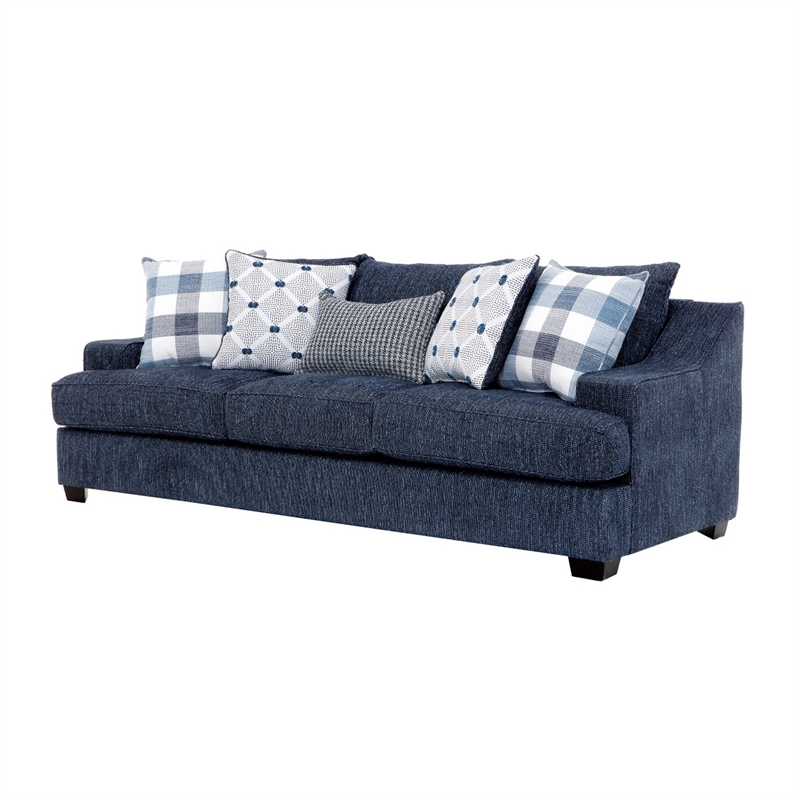 Marie Sofa with Reversible Cushions- Plaid Pillows- Blue Chenille