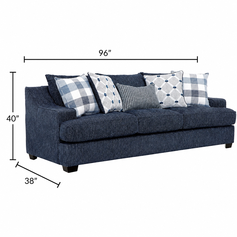 Marie Sofa with Reversible Cushions- Plaid Pillows- Blue Chenille