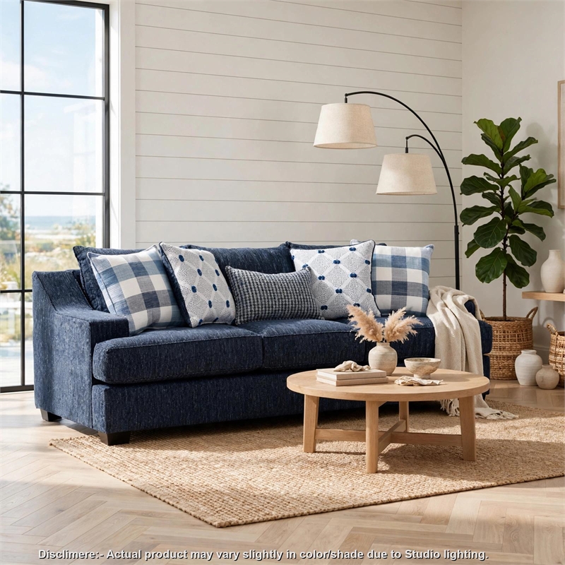 Marie Sofa with Reversible Cushions- Plaid Pillows- Blue Chenille