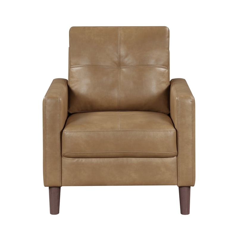 Xyna Accent Chair with Tufted Backrest- Solid Wood Legs- Brown Fabric