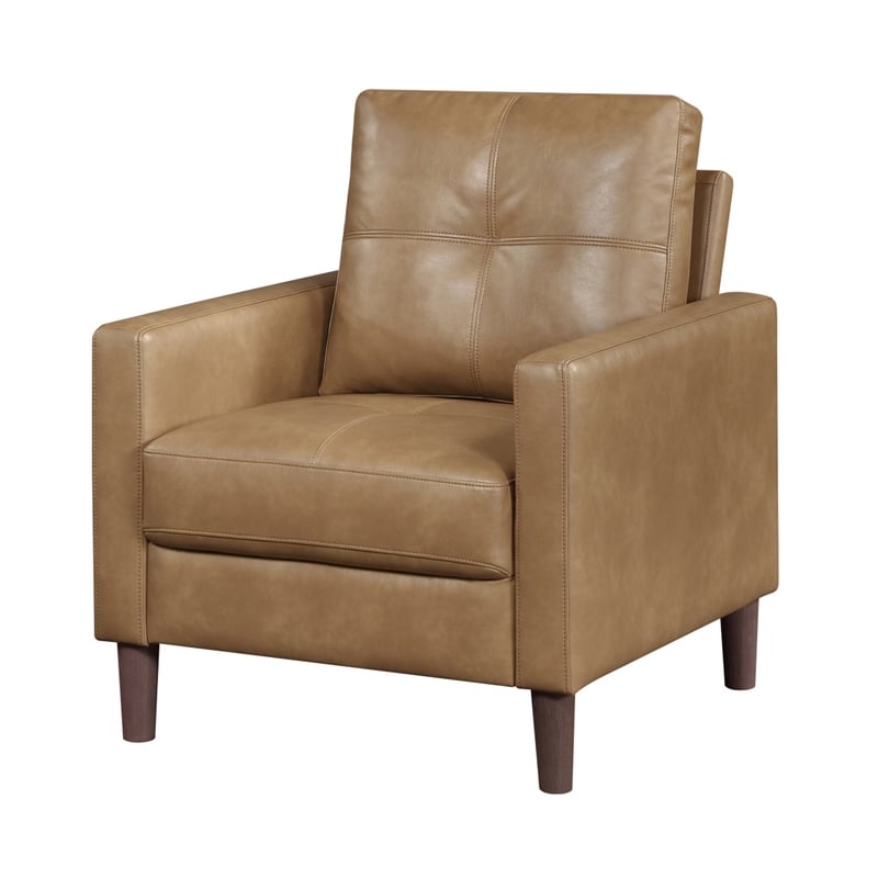 Xyna Accent Chair with Tufted Backrest- Solid Wood Legs- Brown Fabric
