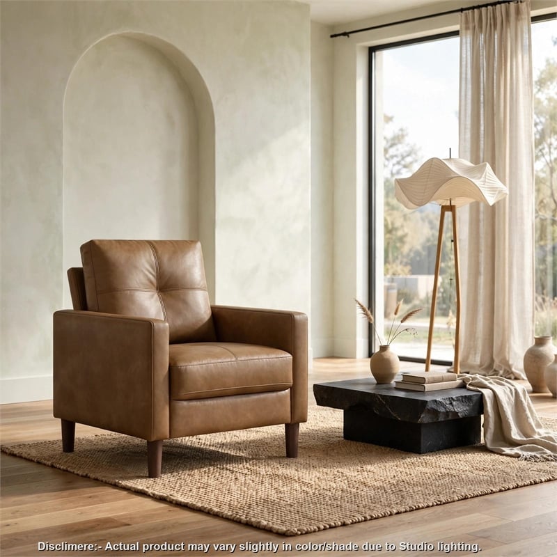 Xyna Accent Chair with Tufted Backrest- Solid Wood Legs- Brown Fabric