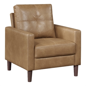 Xyna Accent Chair with Tufted Backrest- Solid Wood Legs- Brown Fabric