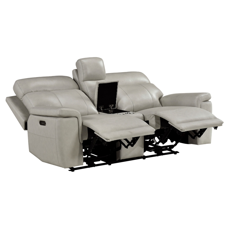 Zelda Power Reclining Loveseat- Console and Headrests- Gray Genuine Leather