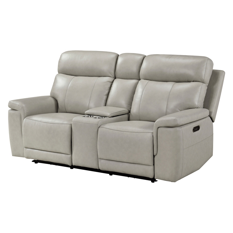 Zelda Power Reclining Loveseat- Console and Headrests- Gray Genuine Leather