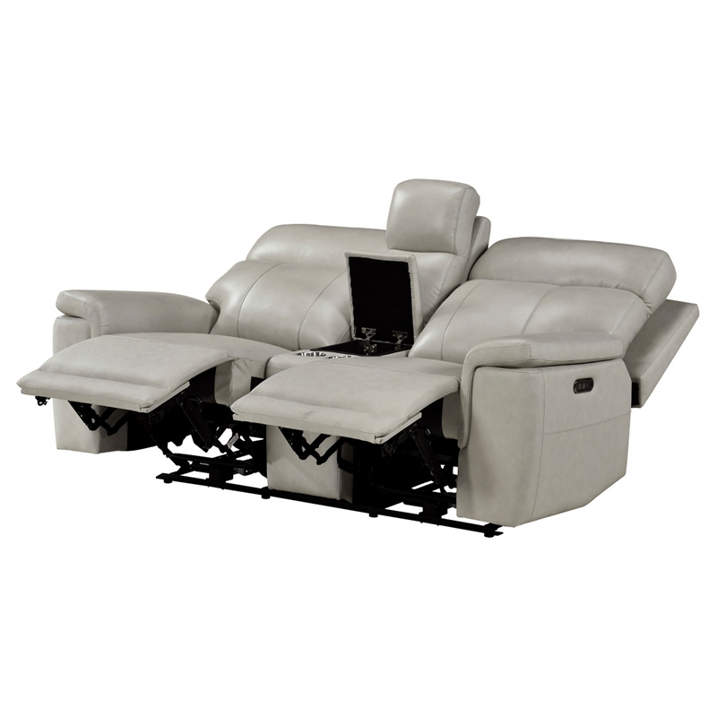 Zelda Power Reclining Loveseat- Console and Headrests- Gray Genuine Leather