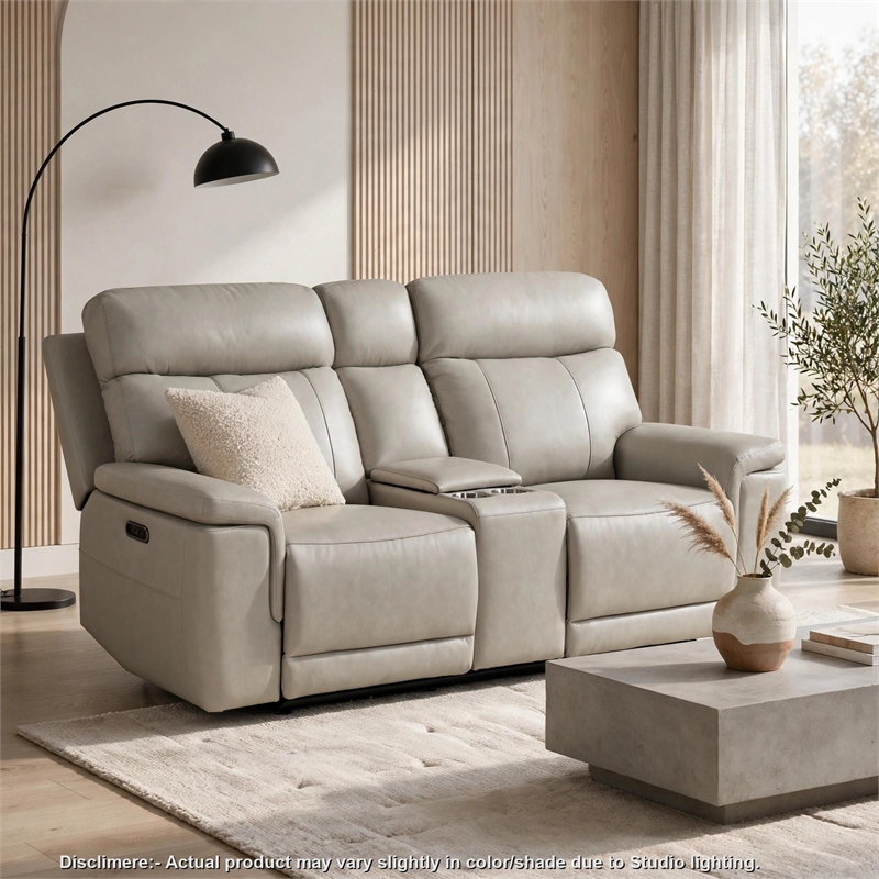 Zelda Power Reclining Loveseat- Console and Headrests- Gray Genuine Leather