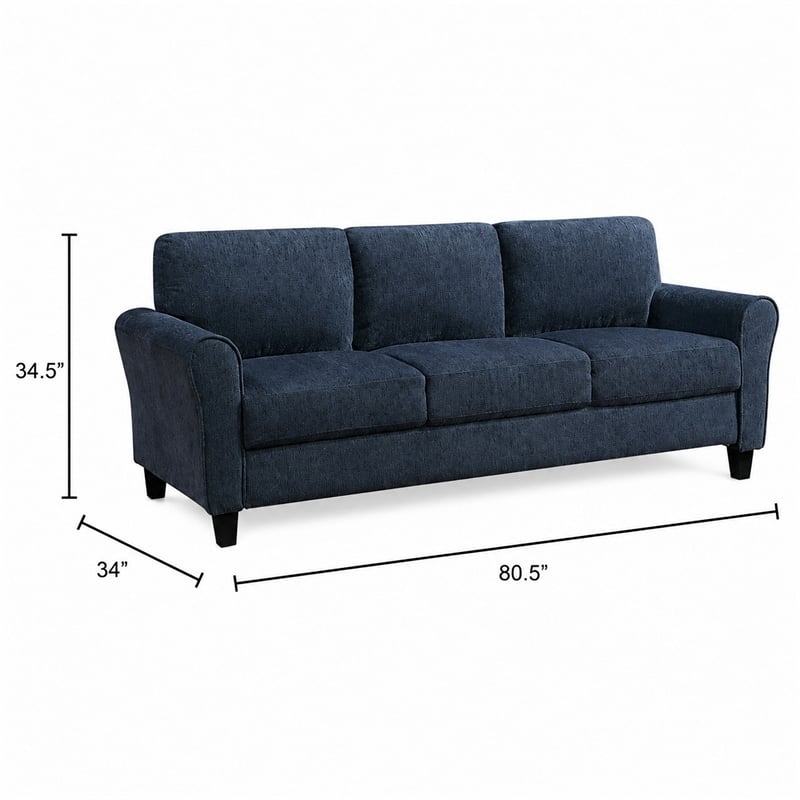 Elon 3-Seater Sofa with Black Feet- Rolled Arms- Blue Chenille- 81 Inch