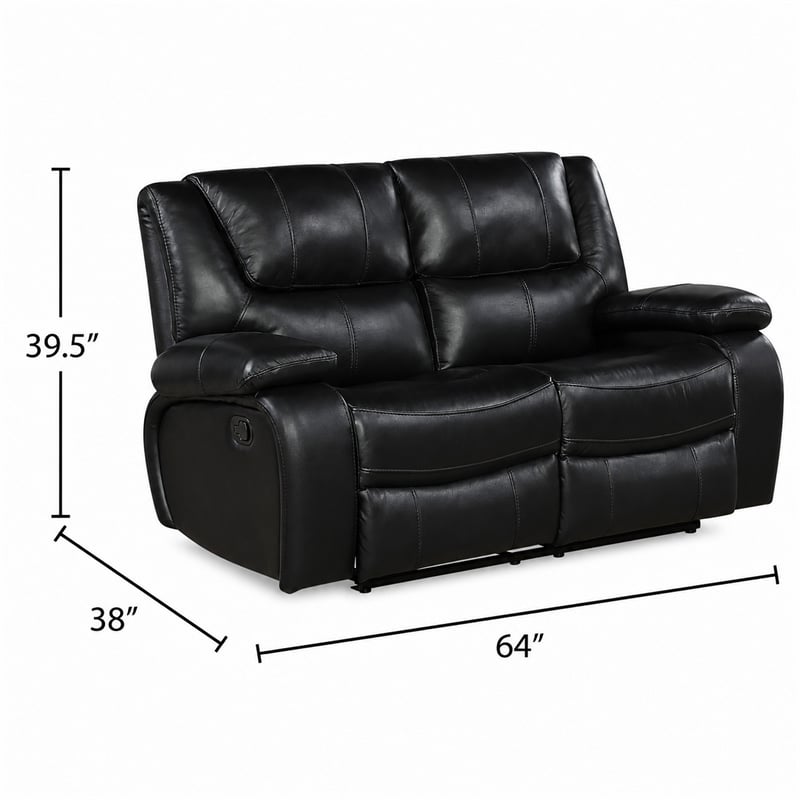 Licot Double Manual Reclining Loveseat- Foam Fill Black Top Grain Leather
