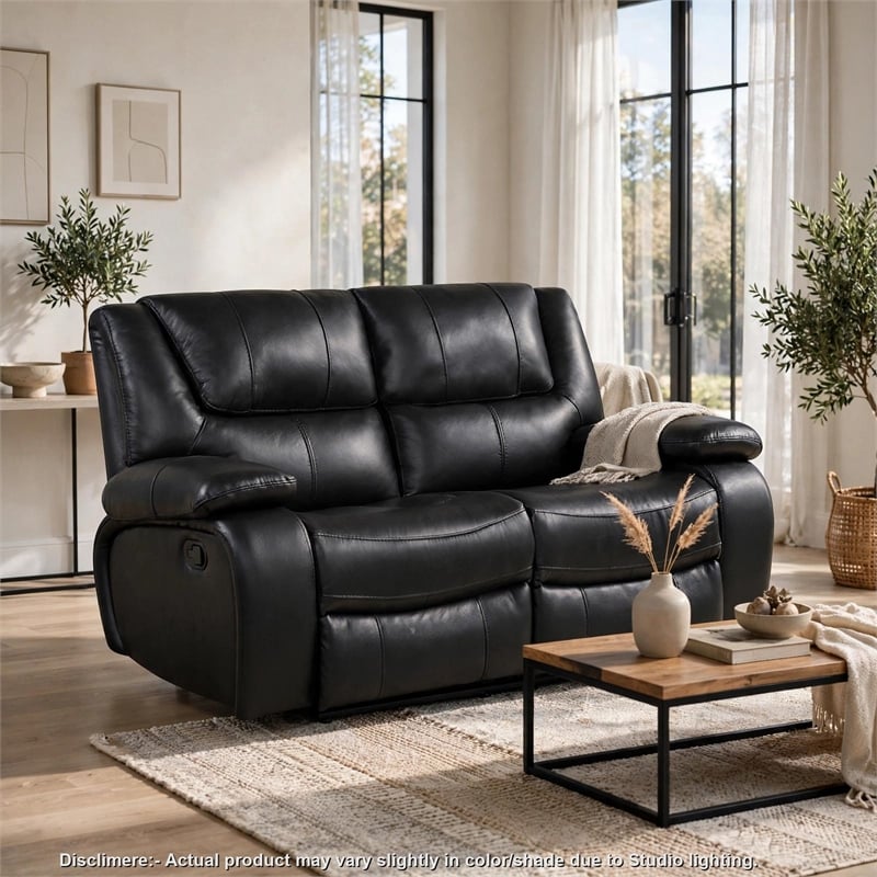 Licot Double Manual Reclining Loveseat- Foam Fill Black Top Grain Leather