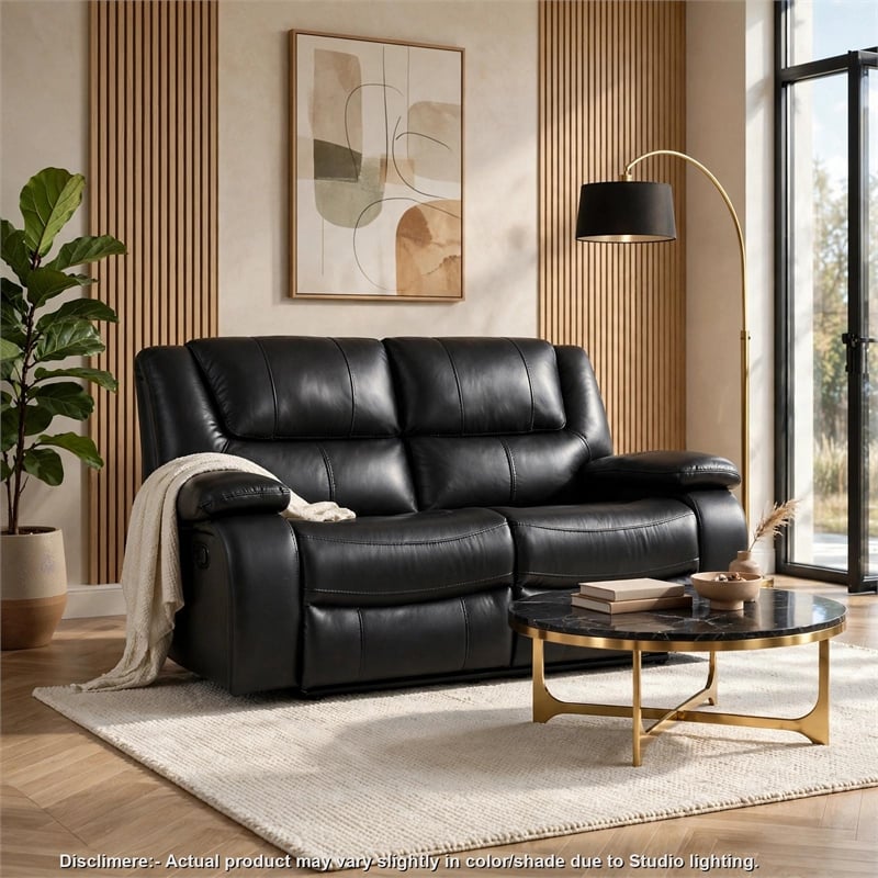 Licot Double Manual Reclining Loveseat- Foam Fill Black Top Grain Leather