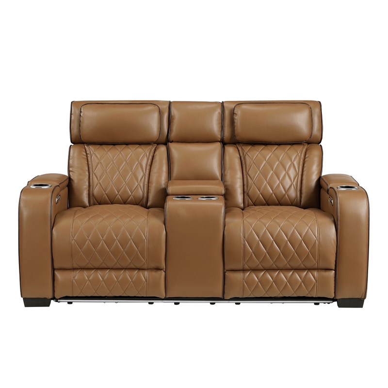 Fiya Power Double Reclining LED Loveseat- USB Ports- Brown Faux Leather