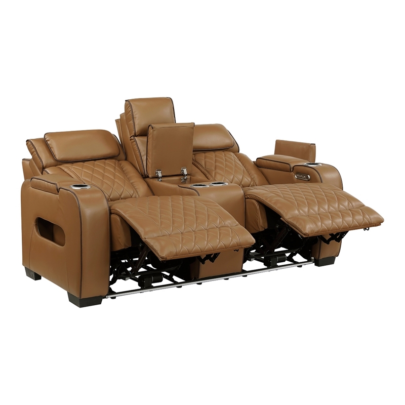 Fiya Power Double Reclining LED Loveseat- USB Ports- Brown Faux Leather