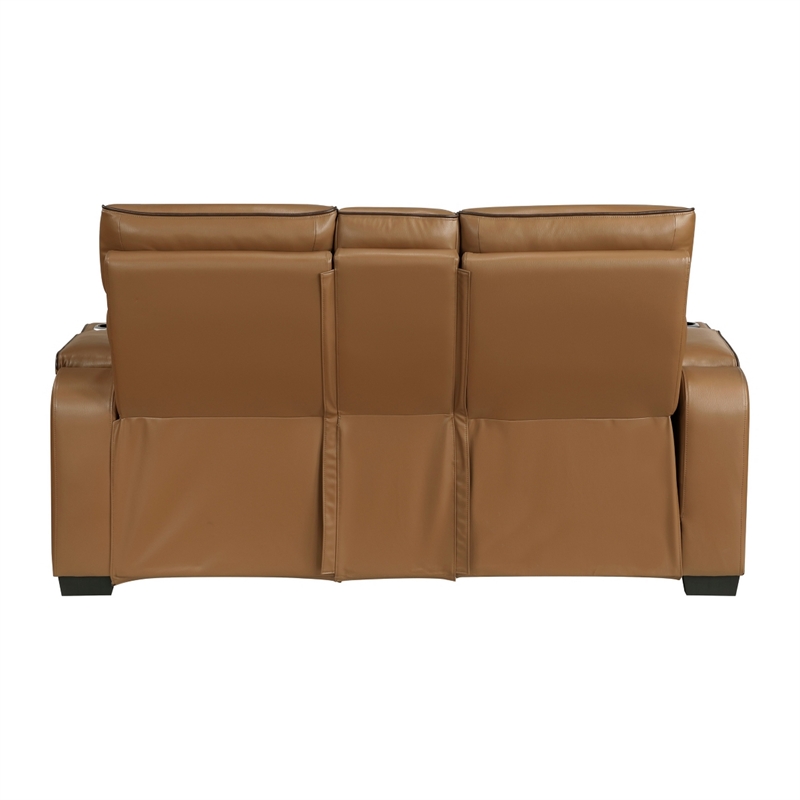 Fiya Power Double Reclining LED Loveseat- USB Ports- Brown Faux Leather