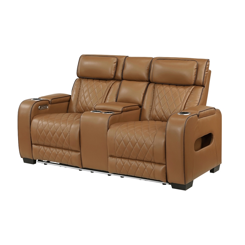 Fiya Power Double Reclining LED Loveseat- USB Ports- Brown Faux Leather