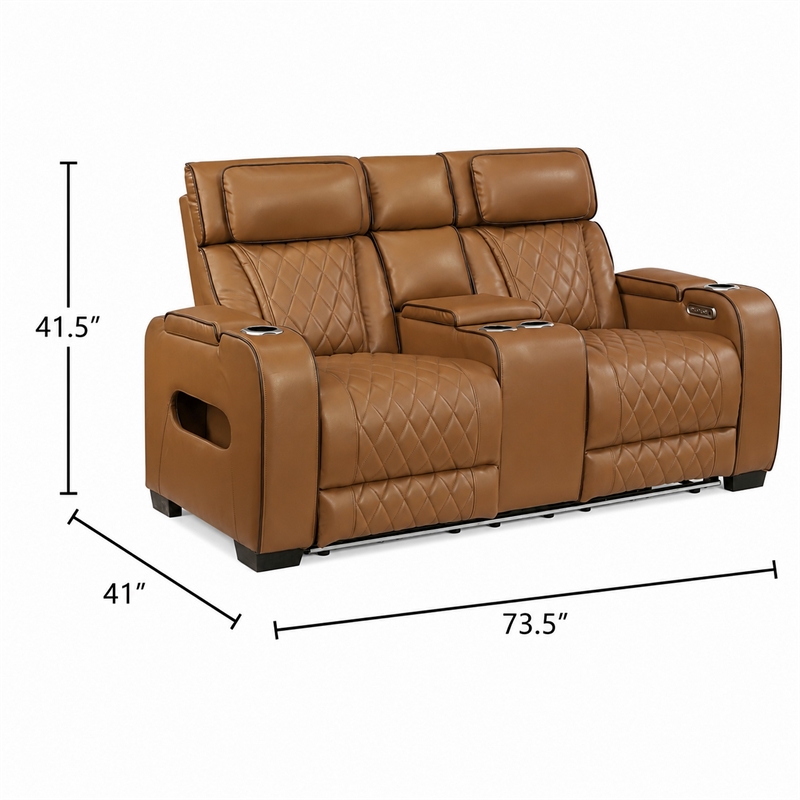Fiya Power Double Reclining LED Loveseat- USB Ports- Brown Faux Leather
