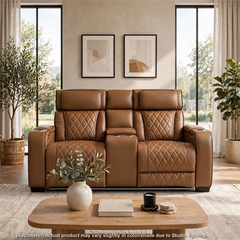 Fiya Power Double Reclining LED Loveseat- USB Ports- Brown Faux Leather
