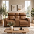 Fiya Power Double Reclining LED Loveseat- USB Ports- Brown Faux Leather