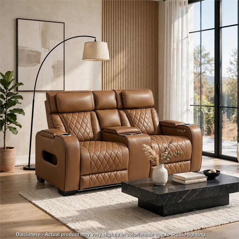 Fiya Power Double Reclining LED Loveseat- USB Ports- Brown Faux Leather