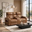 Fiya Power Double Reclining LED Loveseat- USB Ports- Brown Faux Leather