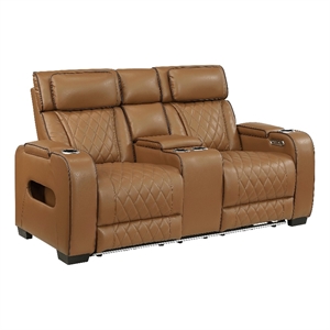 Fiya Power Double Reclining LED Loveseat- USB Ports- Brown Faux Leather