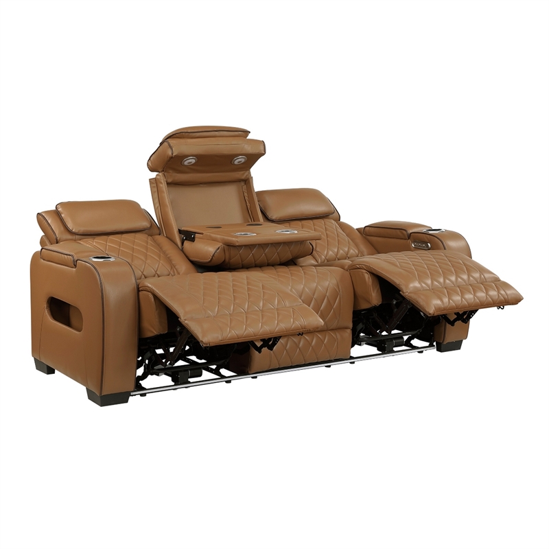 Fiya Power Double Reclining LED Sofa- USB Ports- Brown Faux Leather