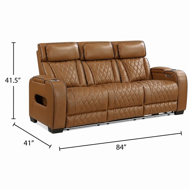 Fiya Power Double Reclining LED Sofa- USB Ports- Brown Faux Leather