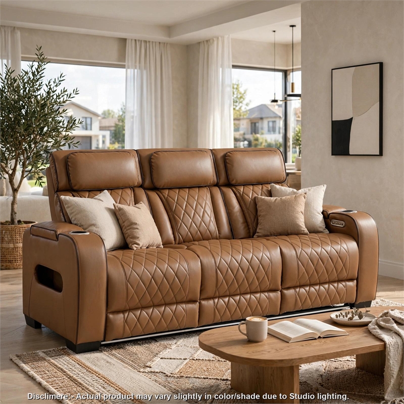 Fiya Power Double Reclining LED Sofa- USB Ports- Brown Faux Leather