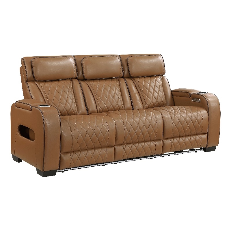 Fiya Power Double Reclining LED Sofa- USB Ports- Brown Faux Leather