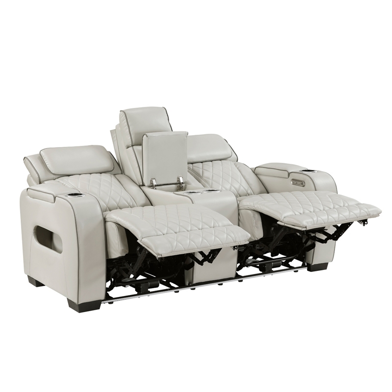 Fiya Power Double Reclining LED Loveseat- USB Ports- Taupe Faux Leather