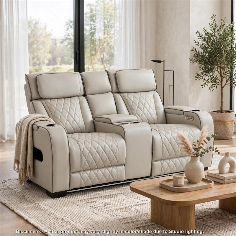Fiya Power Double Reclining LED Loveseat- USB Ports- Taupe Faux Leather