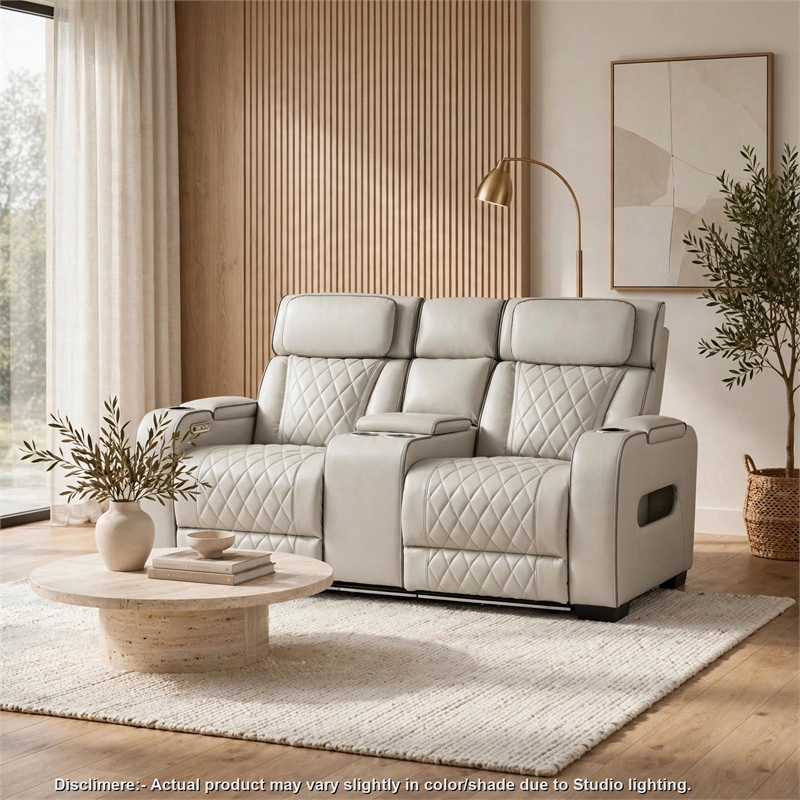 Fiya Power Double Reclining LED Loveseat- USB Ports- Taupe Faux Leather