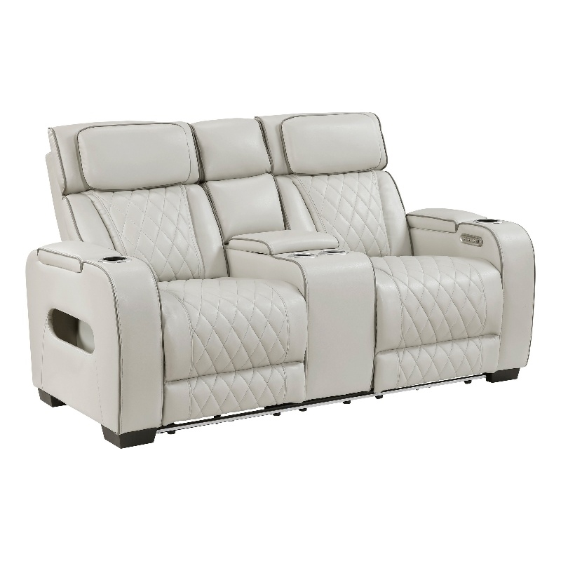 Fiya Power Double Reclining LED Loveseat- USB Ports- Taupe Faux Leather