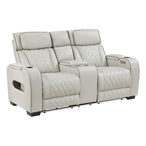 Fiya Power Double Reclining LED Loveseat- USB Ports- Taupe Faux Leather