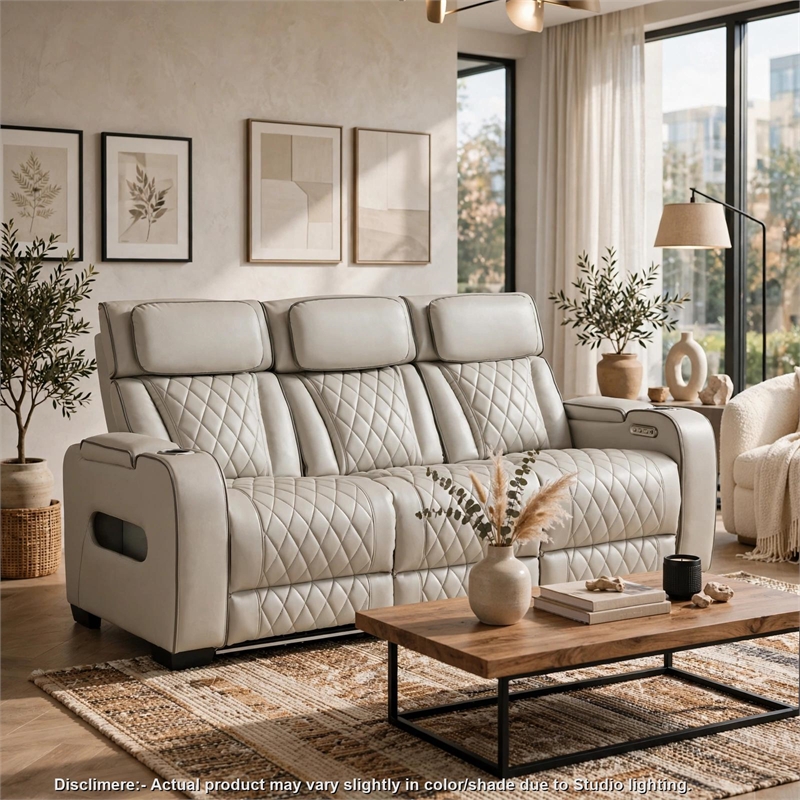 Fiya Power Double Reclining LED Sofa- USB Ports- Taupe Faux Leather
