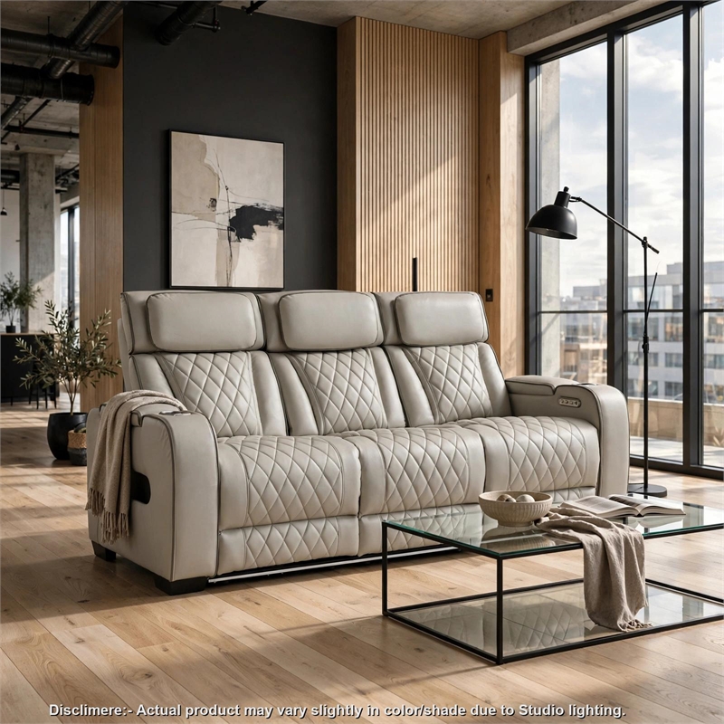 Fiya Power Double Reclining LED Sofa- USB Ports- Taupe Faux Leather