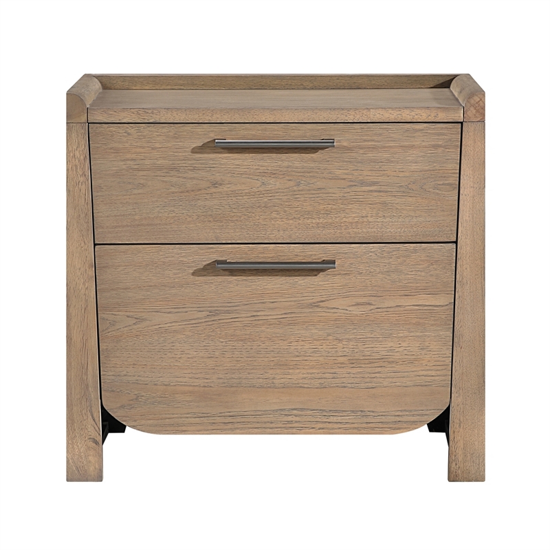 Rex Nightstand- 2 Drawers- Tray Top- Curved Bottom- Brown Hickory Veneer