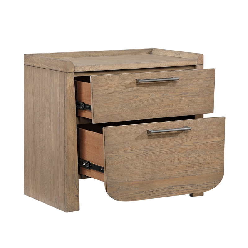 Rex Nightstand- 2 Drawers- Tray Top- Curved Bottom- Brown Hickory Veneer