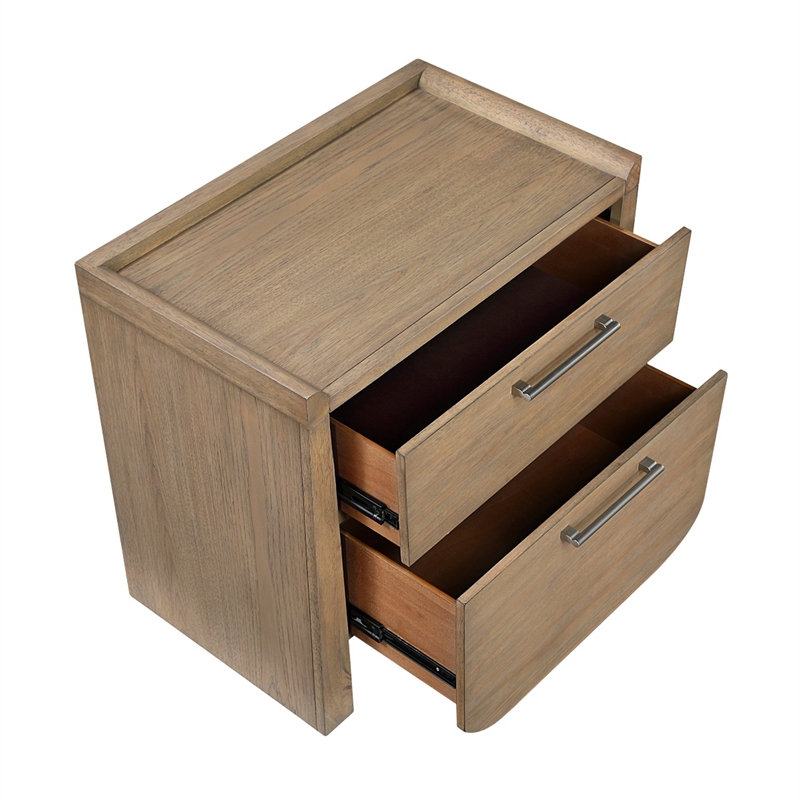 Rex Nightstand- 2 Drawers- Tray Top- Curved Bottom- Brown Hickory Veneer