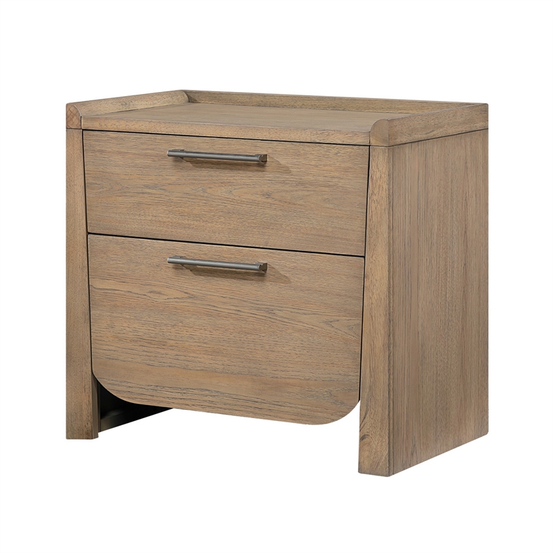 Rex Nightstand- 2 Drawers- Tray Top- Curved Bottom- Brown Hickory Veneer