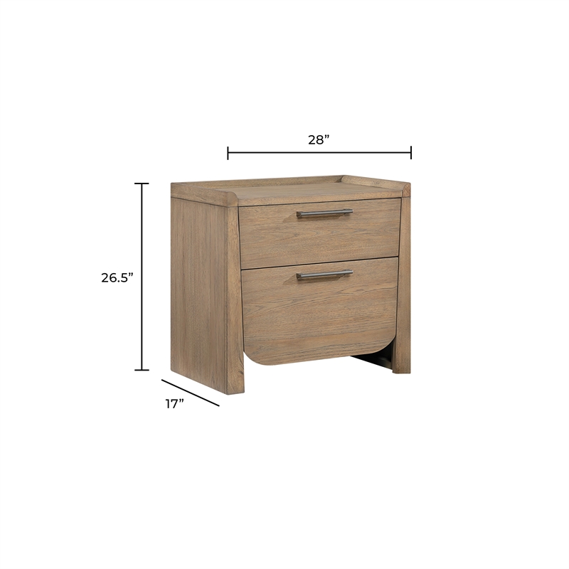 Rex Nightstand- 2 Drawers- Tray Top- Curved Bottom- Brown Hickory Veneer